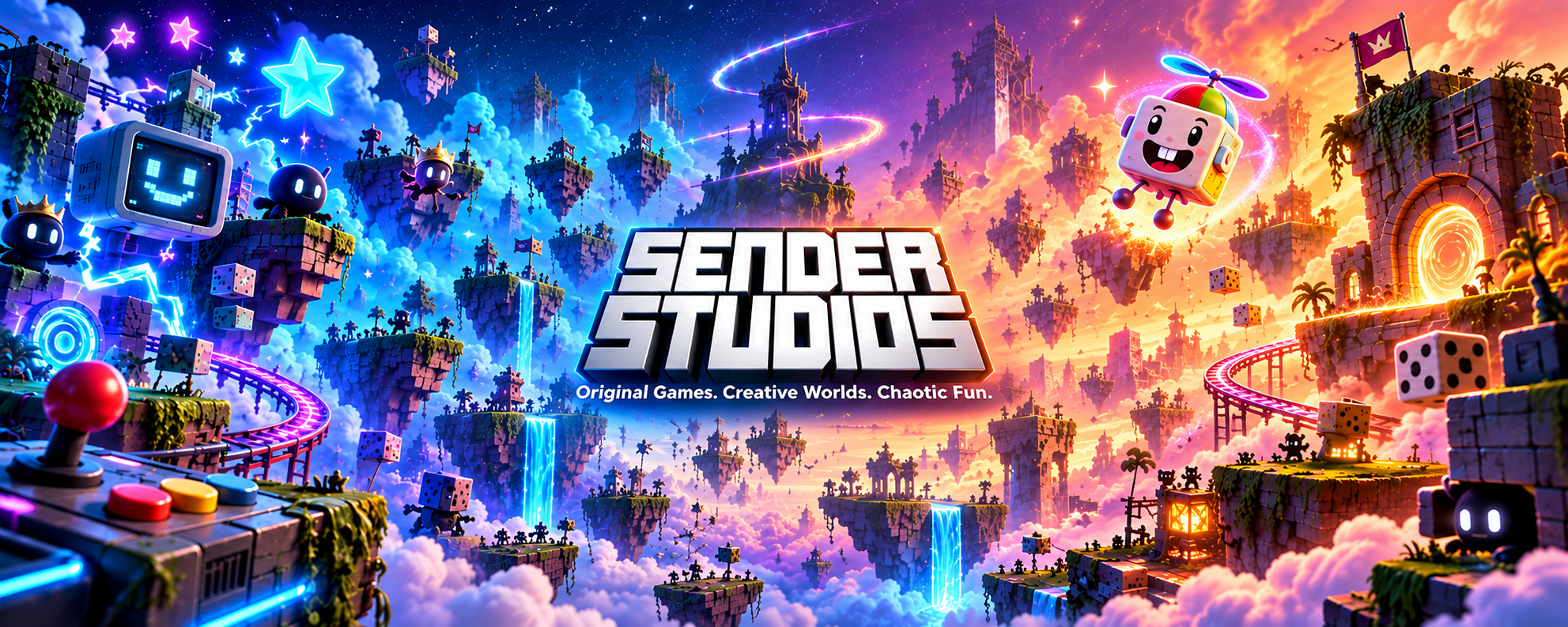 Sender Studios — Original Games. Creative Worlds. Chaotic Fun. Colorful floating worlds stretch between a blue night sky and an orange sunset.